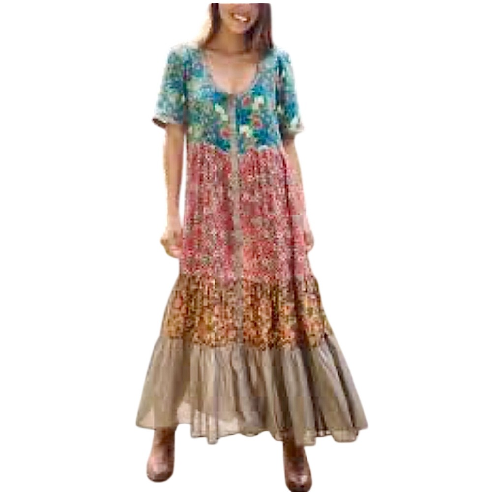 Natural Life Floral Tiered Maxi Dress Heart Buttons Patchwork Short Sleeve as is
